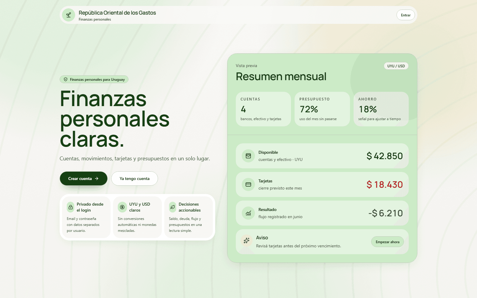 Portada de República Oriental de los Gastos: el resumen mensual con cuentas, presupuesto y ahorro.